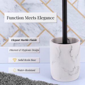 White marble toilet brush holder with key features including elegant finish and water-resistant resin base