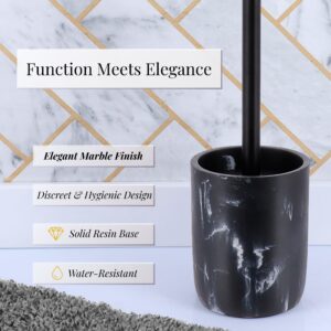 Black marble toilet brush holder with key features including elegant finish and water-resistant resin base