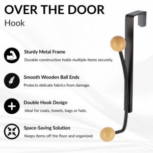 "Product features infographic for matte black over-the-door hook with natural wood ball ends"
