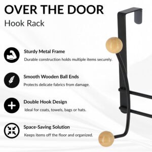 "Features infographic for black over-the-door hook rack with natural wood ball ends"