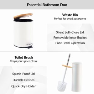 Diagram showcasing features of white trash bin and toilet brush, including soft-close lid, pedal, splash-proof lid, durable bristles