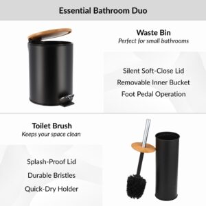 Diagram showing features of black trash bin and toilet brush, including soft-close lid, pedal, splash-proof lid, durable bristles