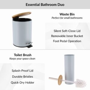 “Light blue trash can and toilet brush duo with feature callouts”