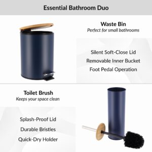 Diagram showing features of navy blue trash bin and toilet brush, soft-close lid, pedal, splash-proof lid, durable bristles