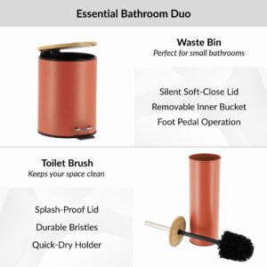 Diagram showing features of terracotta trash bin and toilet brush, soft-close lid, pedal, splash-proof lid, durable bristles