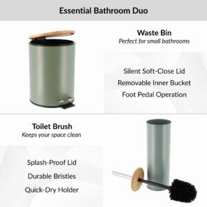 Diagram showing features of green trash bin and toilet brush, soft-close lid, pedal, splash-proof lid, durable bristles