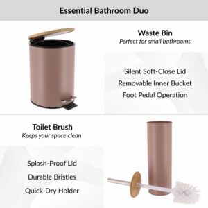 Diagram showing features of cappuccino trash bin and toilet brush, soft-close lid, pedal, splash-proof lid, durable bristles