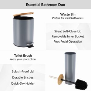 Diagram showing features of gray trash bin and toilet brush, soft-close lid, pedal, splash-proof lid, durable bristles
