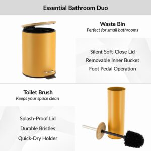 Diagram showing features of mustard yellow trash bin and toilet brush, soft-close lid, pedal, splash-proof lid, durable bristles