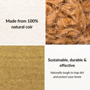 Detail view of natural coir mat with dog and cat silhouette design and cursive black welcome script