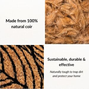 Natural coir mat with striking black leaf motif, ideal for front porch or entry