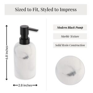 Size chart and material close-up of white marble dispenser
