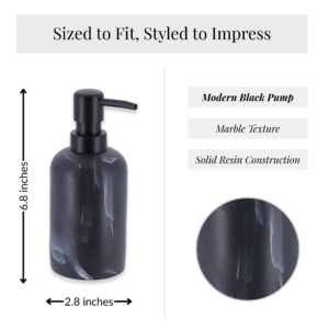 Size chart and material close-up of black marble dispenser
