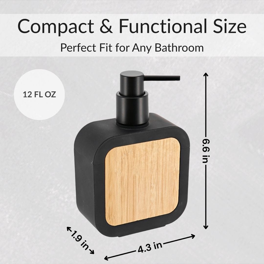 Soap dispenser dimensions: 12 oz capacity, 6.6 x 4.3 inches compact design
