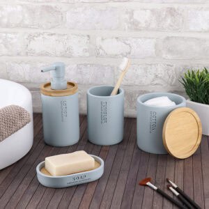 Matching accessory set with light blue soap dish and dispenser