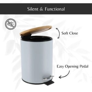 Silent pedal trash bin with soft closing bamboo lid in blue finish