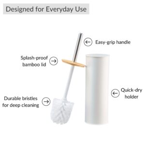 Features diagram of white toilet brush with bamboo lid and metal handle