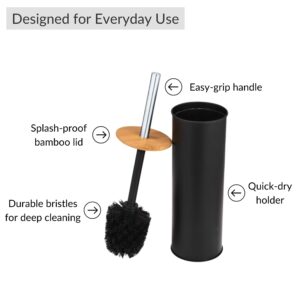 Features diagram of black toilet brush with bamboo lid and metal handle