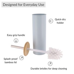Features diagram of light blue toilet brush with bamboo lid and metal handle