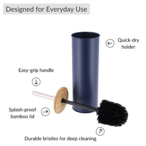 Features diagram of navy blue toilet brush with bamboo lid and metal handle