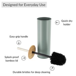 Features diagram of green toilet brush with bamboo lid and metal handle