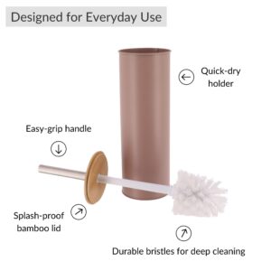 Features diagram of cappuccino toilet brush with bamboo lid and metal handle
