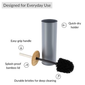 Features diagram of gray toilet brush with bamboo lid and metal handle