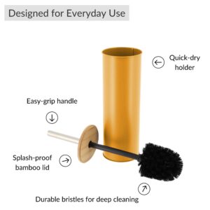 Features diagram of mustard yellow toilet brush with bamboo lid and metal handle