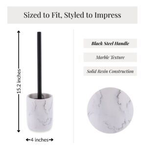 White marble toilet brush holder dimensions showing 15.2 inch height and black steel handle