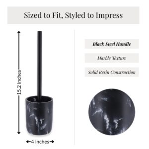 Black marble toilet brush holder dimensions showing 15.2 inch height and black steel handle