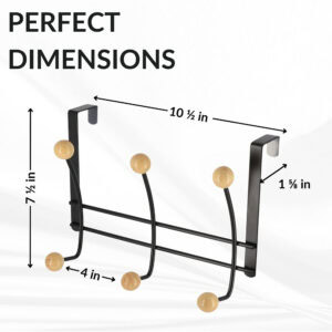 "Black over-the-door hook rack dimensions: 10.5" wide, 7.5" tall, 4" deep, 1.625" door clearance"