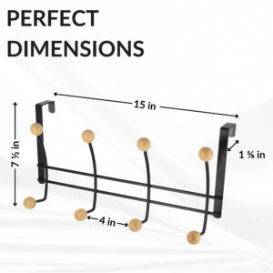 "Dimensions diagram: black over-the-door hook rack, 15 in wide, 7½ in tall, 1⅝ in door gap, 4 in hook spacing"
