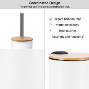 Design elements showing white bathroom set with bamboo lids and stainless steel accents for a cohesive look