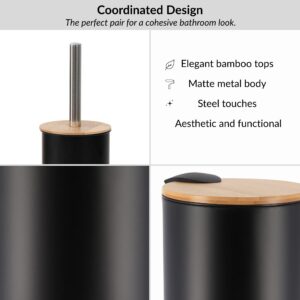 Design highlights of black bathroom set with bamboo lids, stainless steel accents for a cohesive, modern look