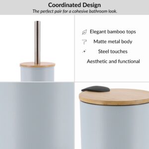 “Light blue bathroom set showing bamboo lids and matte metal design details”