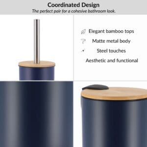 Navy blue bathroom set design with bamboo lids, stainless steel accents for a cohesive modern look
