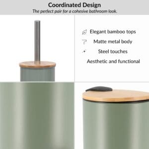 Green bathroom set design with bamboo lids, stainless steel accents for a cohesive modern style