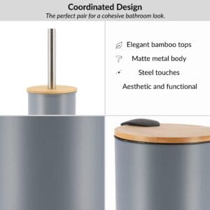 Gray bathroom set design with bamboo lids, stainless steel accents for a modern coordinated look