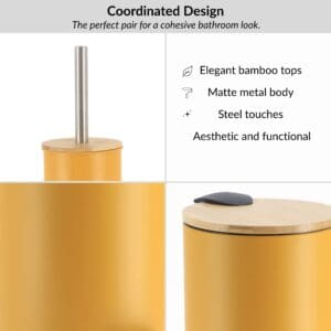 Mustard yellow bathroom set design with bamboo lids, stainless steel accents for a modern coordinated look