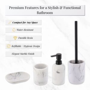 Features overview of white marble bathroom set