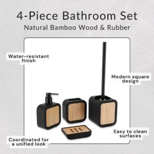 4-piece bathroom set details: water-resistant rubber with bamboo wood inserts and modern square shape