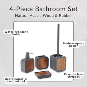 4-piece bathroom set details: water-resistant gray rubber with acacia wood panels and modern square shape