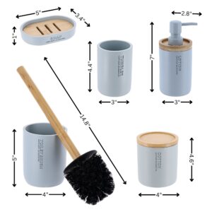 Dimensions of each piece in 5-piece light blue bathroom set including brush, dispenser, tumbler, jar, and dish