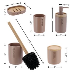 Dimensions of cappuccino 5-piece set with brush, dispenser, tumbler, cotton box, and soap dish