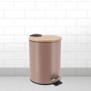 Cappuccino bathroom trash bin with bamboo lid and foot pedal shown in tiled bathroom setting