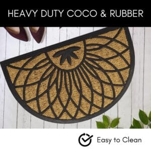 Heavy-duty coco and rubber doormat with easy-to-clean label