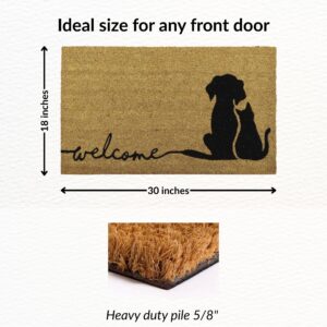 Pet-themed natural coir mat with black dog and cat design and welcome text for front door entryway