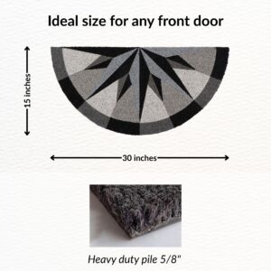 Size chart showing half-round compass doormat dimensions of 30x15 inches and 5/8 inch heavy-duty pile