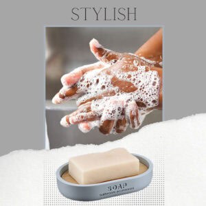 Hand washing scene featuring soap bar in light blue soap tray