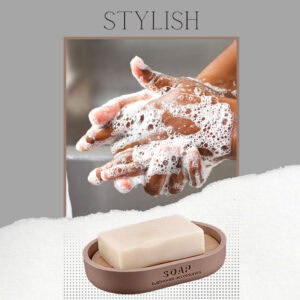Hand washing scene featuring soap bar in cappuccino soap tray